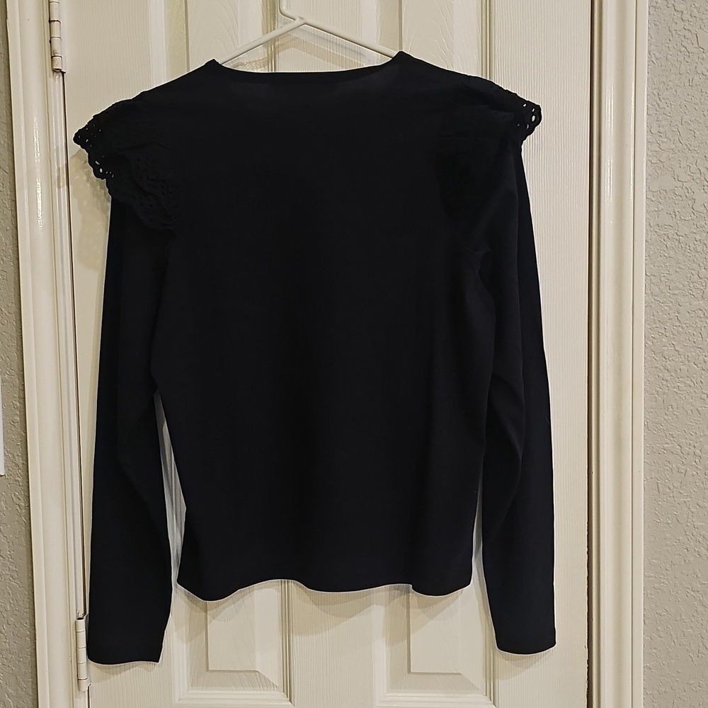New Joe's Jeans Eyelet Embroidered Ruffle Feminine Cozycore Top Black Large - Picture 12 of 13